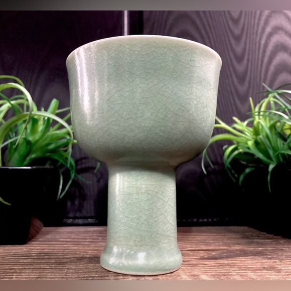 Rare Vintage Chinese Celadon Green Glazed Stem Cup - Picture 10 of 11